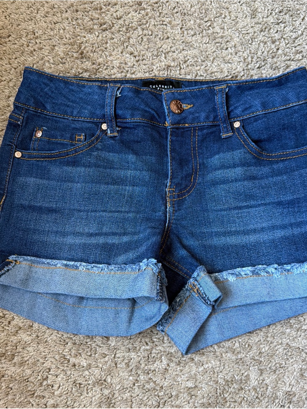 Celebrity Pink Denim Shorts in Deep Blue with Gold Stitching